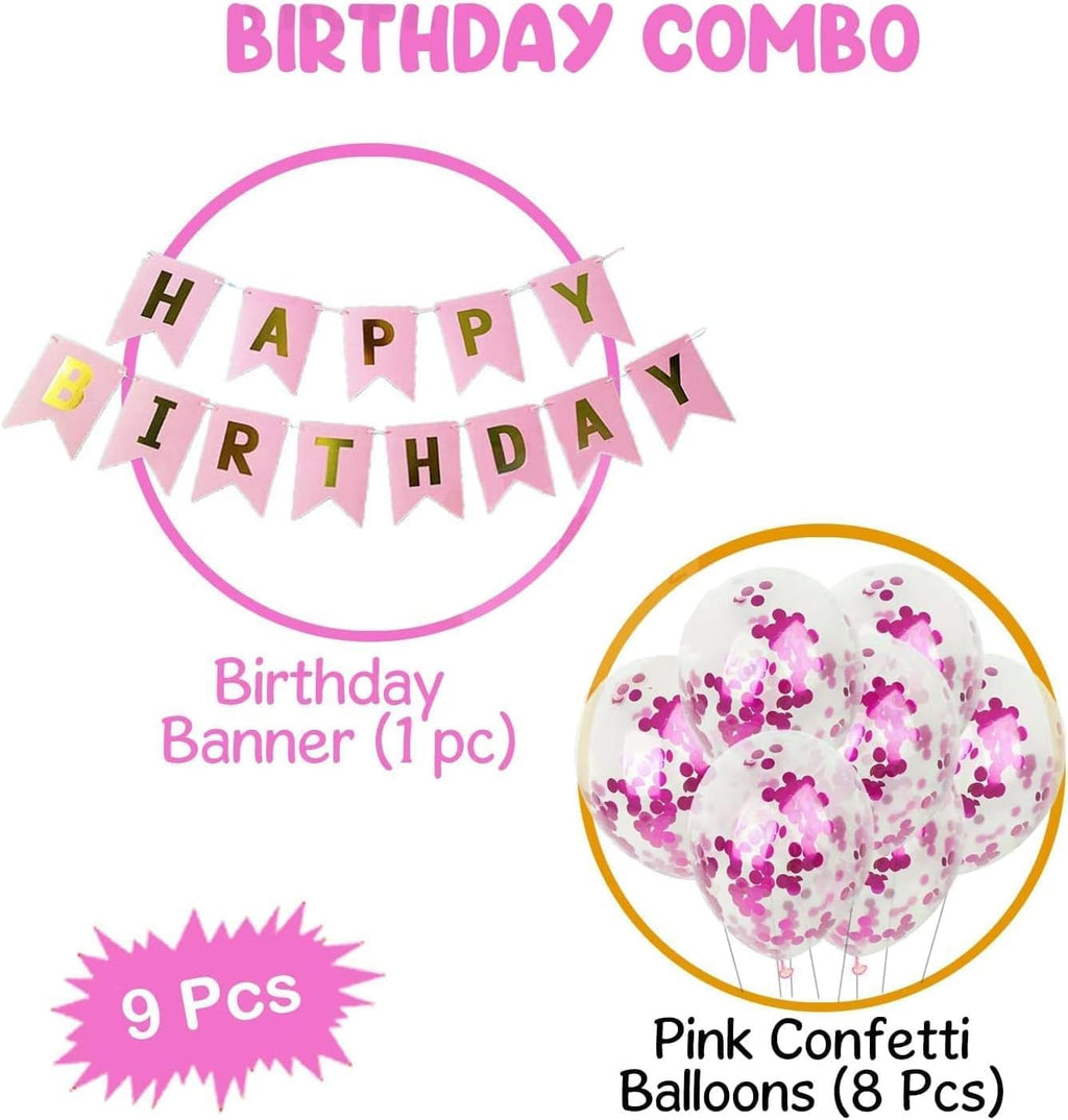 9 Pcs Happy Birthday Decoration Set – Pink "Happy Birthday" Banner with Confetti Balloons and Ribbon – Birthday Party Decoration for All Ages
