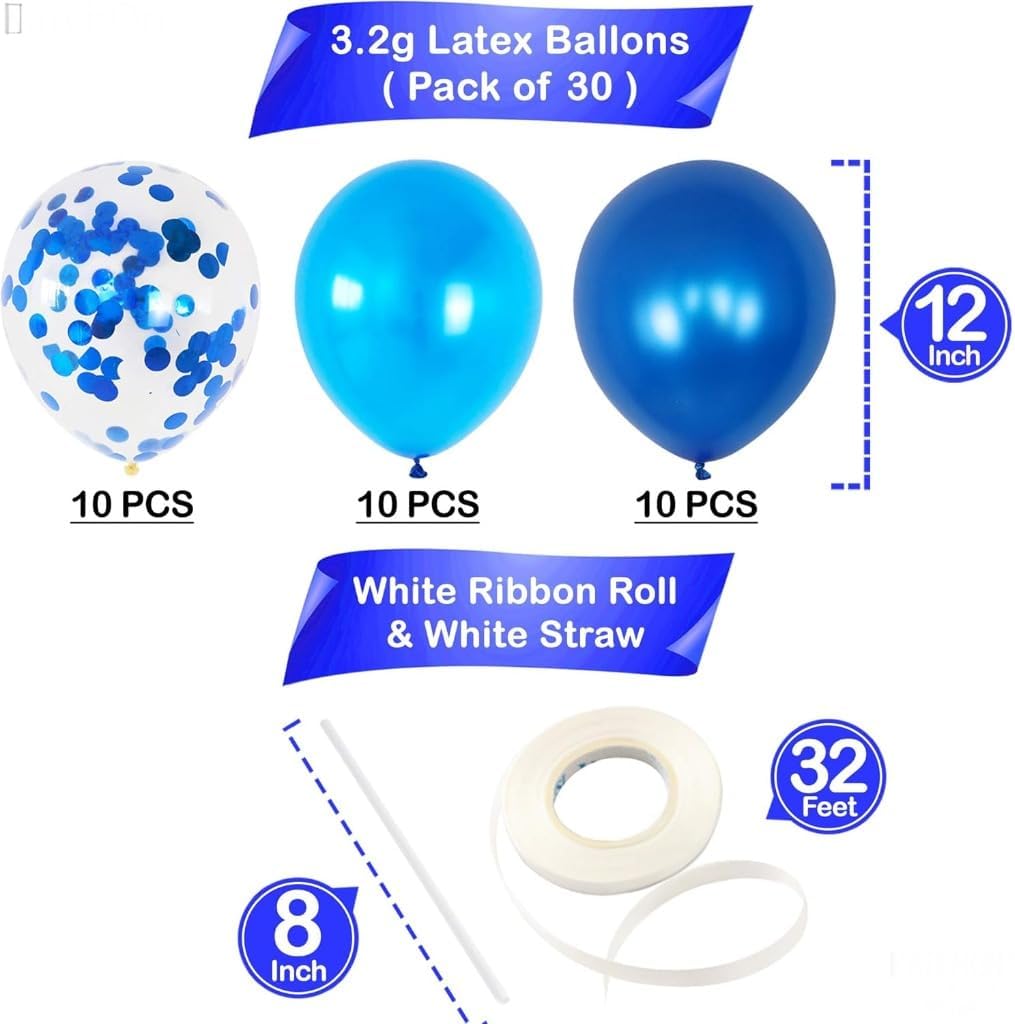 Shades of Blue Balloons Set – Pack of 30 Blue Latex Balloons | Blue Confetti Balloons, Under the Sea Balloons | Blue and White Party Balloons for Baby Shower, Birthday, Blue Party Decorations