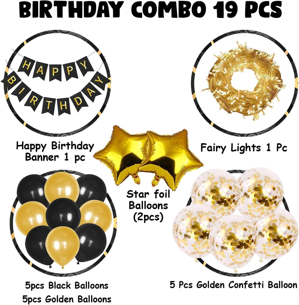 Birthday Decoration Items – Happy Birthday Decoration Black & Gold – For Men, Husband, Wife, Women – Includes Confetti, Metallic & Foil Balloons – 1 Piece