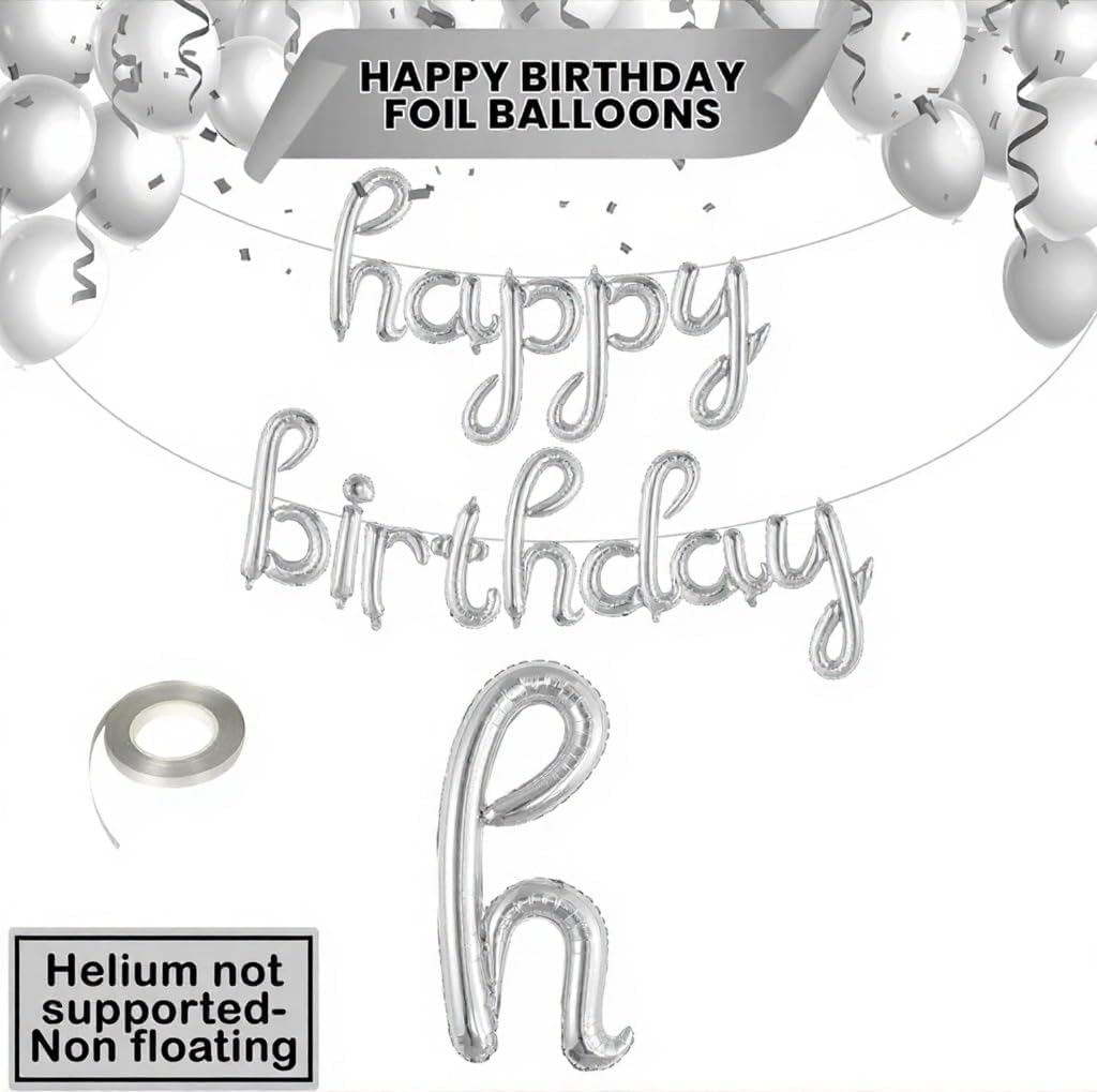 Silver Balloon Banner – 16 Inch | Happy Birthday Cursive Sign, Banner, Decorations, Balloons, Party Décor