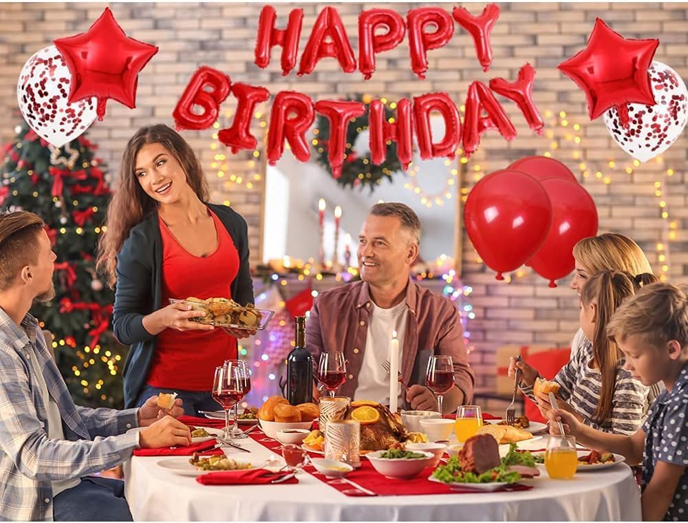 Red Happy Birthday Balloons，13Pcs Letters Balloons，2Pcs Giant Star Foil Balloons ，4Pcs Confetti ，11Pcs Latex Party Decorations And Supplies