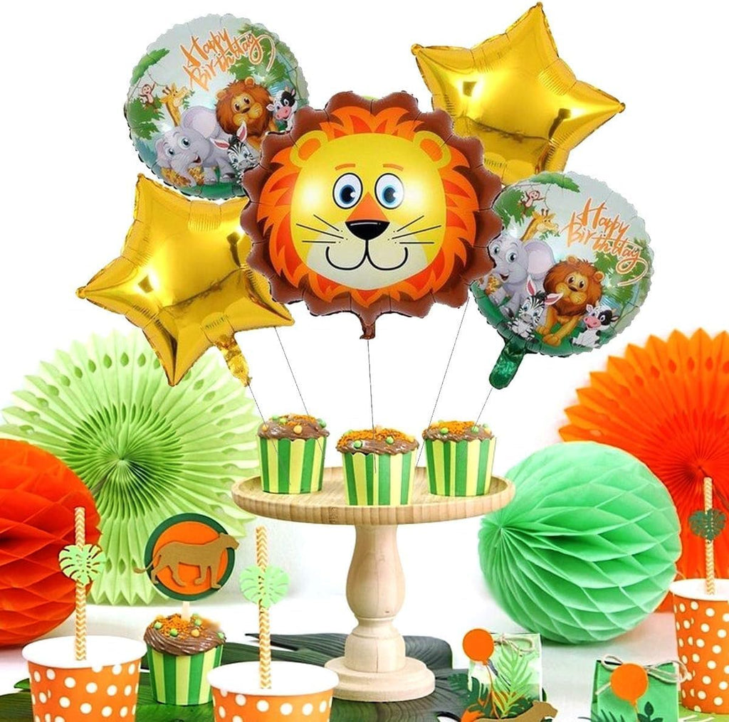 Lion Shape Foil Balloon Set – Gold and Jungle Theme Colors, Includes Star, Round, and Lion Face Balloons for Kids' Birthday Party, Multi Pack of 5