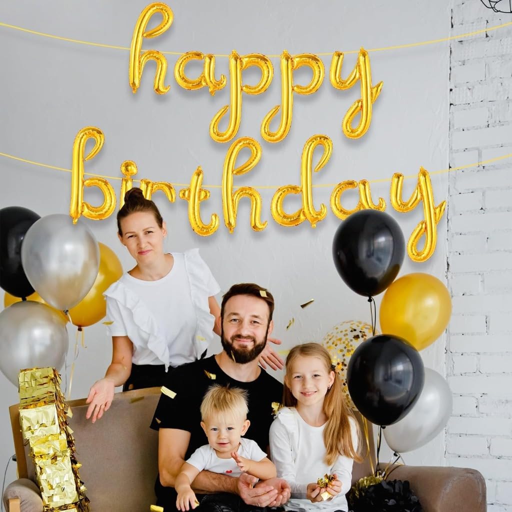 Gold Cursive Happy Birthday Banner – 16 Inch Balloon Banner, Decorations for Birthday Party