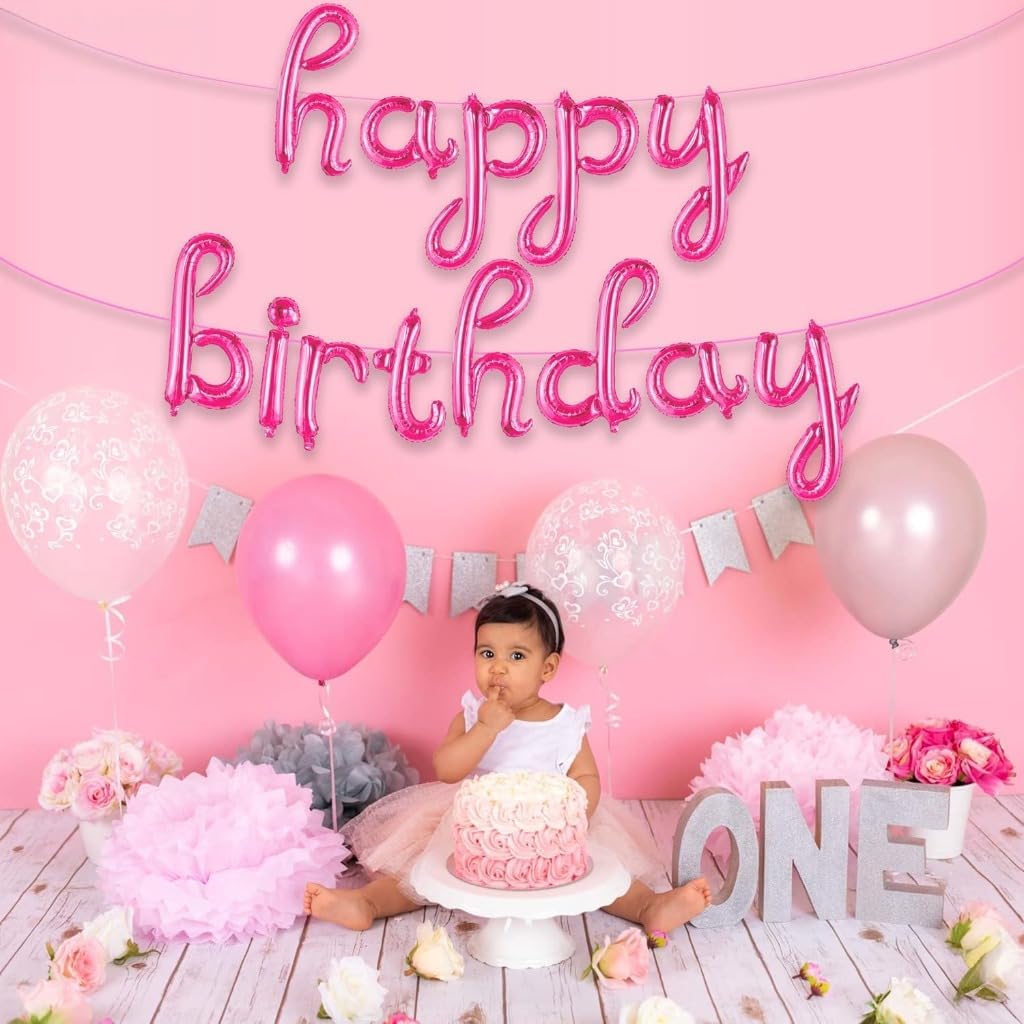 Pink Birthday Banner – 16 Inch | Hot Pink Balloons, Decorations | Happy Birthday Banner, Party Decorations