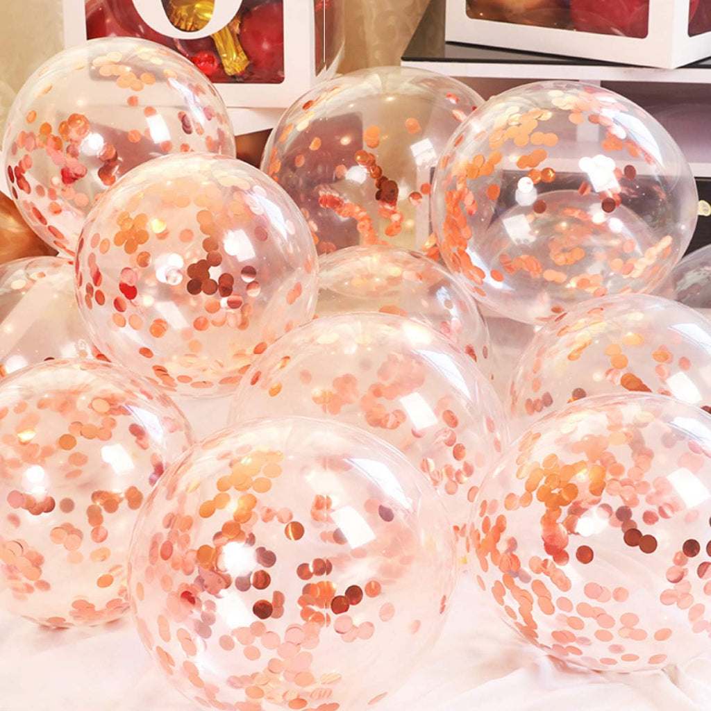 50 12-inch Transparent Latex Balloons with Rose Gold Confetti Large Thick Big Round Shining Biodegradable Bulk Helium Gas or Air Inflated for Kids Birthday Wedding Party Decorations Supplies Favors