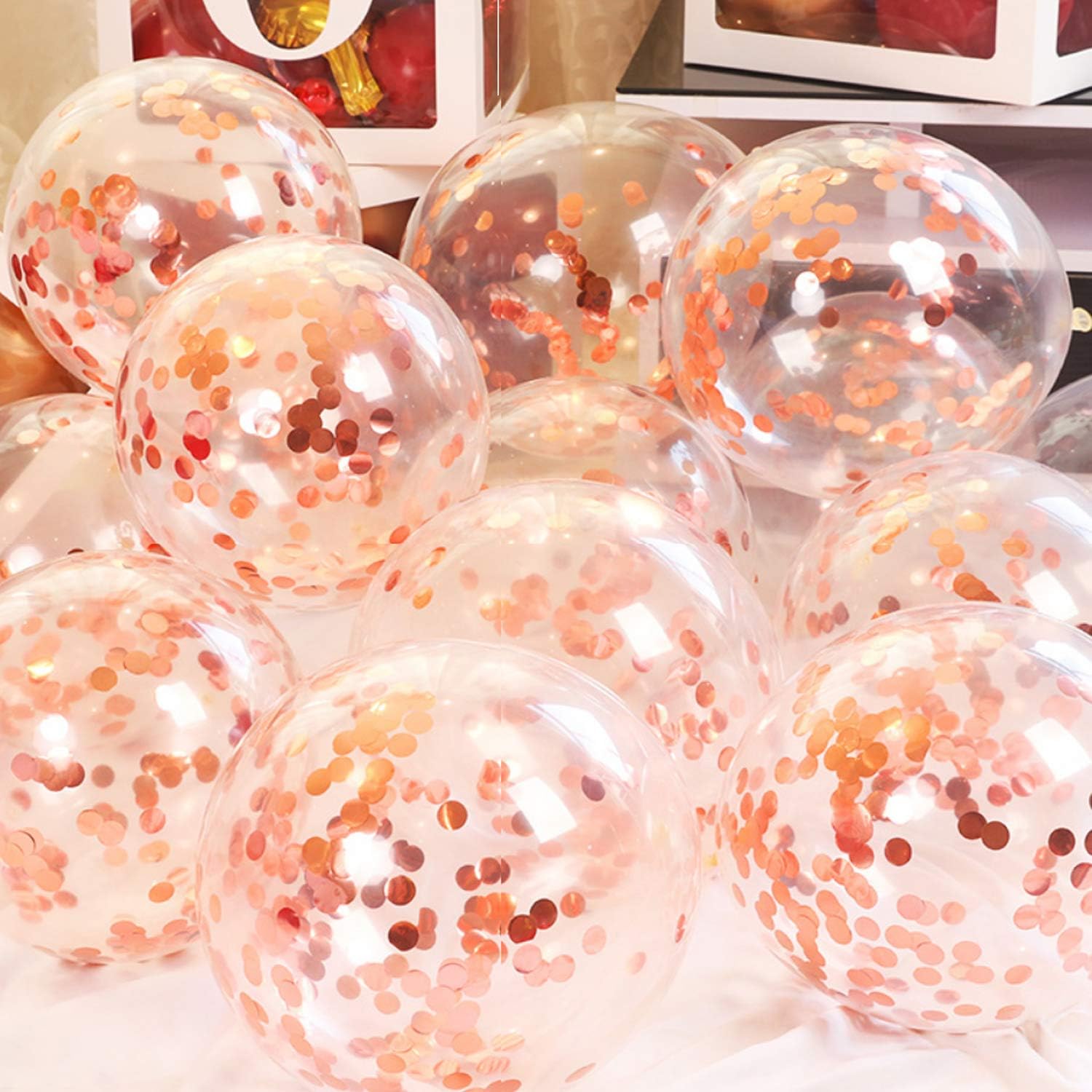 50 12-inch Transparent Latex Balloons with Rose Gold Confetti Large Thick Big Round Shining Biodegradable Bulk Helium Gas or Air Inflated for Kids Birthday Wedding Party Decorations Supplies Favors