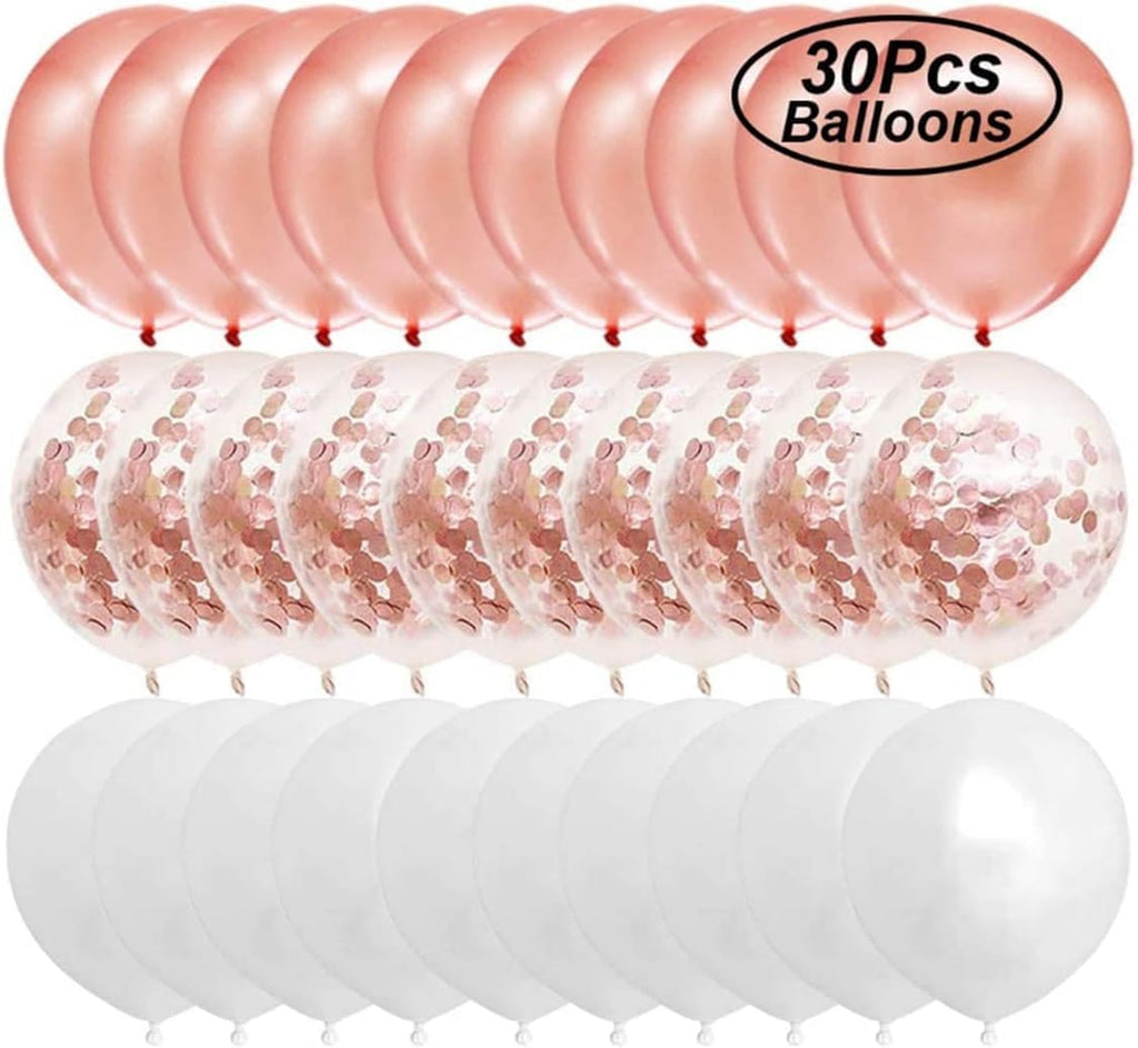 Rose Gold Happy Birthday Balloon Banner with White and Rose Gold Confetti Balloons – Perfect decoration for women’s and girls’ birthday parties.