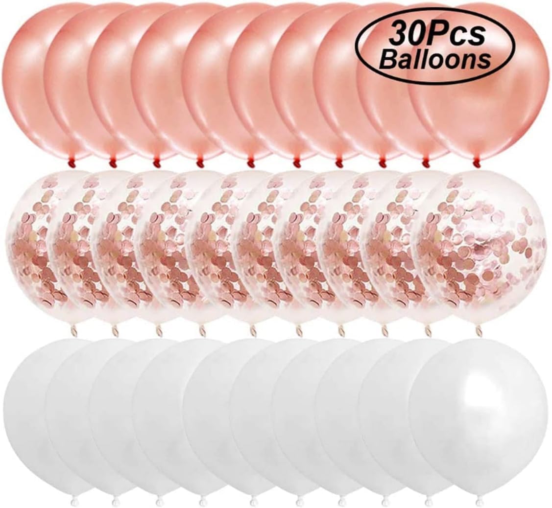 Rose Gold Happy Birthday Balloon Banner with White and Rose Gold Confetti Balloons – Perfect decoration for women’s and girls’ birthday parties.