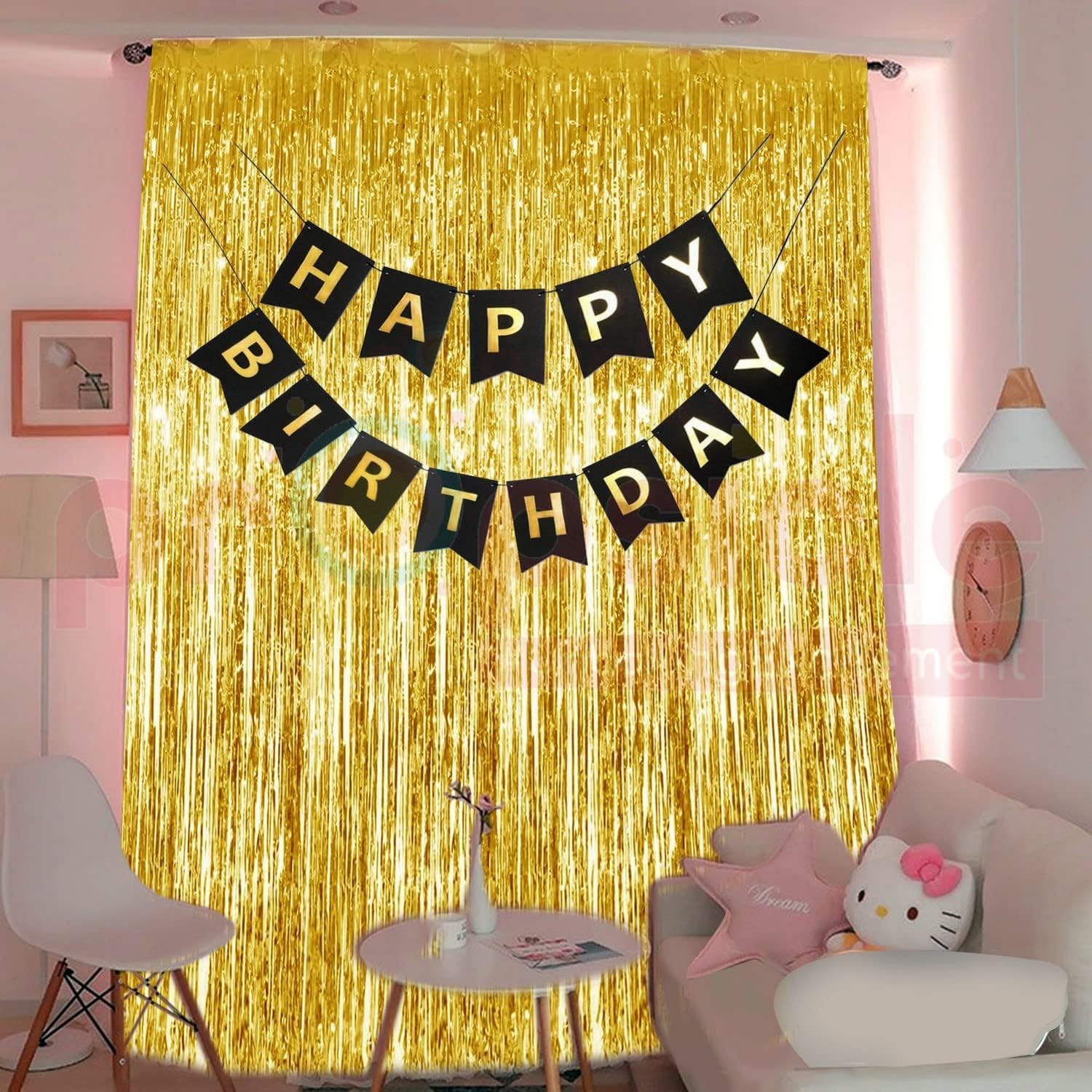 Golden Foil Curtains with Black Birthday Banner - Pack of 3-3ft x 6ft Tinsel Fringe Backdrop & Black Banner for Birthday Decoration, Photo Booth, Hall & Home