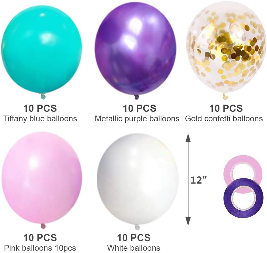 Unicorn Mermaid Latex Balloons 50Pack,12 Inch Gold Confetti Party Balloons, Light Pink Blue Purple Assorted with 2 Rolls Ribbon for Parties, Birthday.