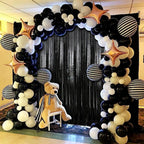 3 pcs 3ftx6ft Metal Black Foil Fringe Curtains Happy Birthday Party, Anniversary, Bachelorette, Baby Shower, Bridal Shower Decoration Item - Pack of 3