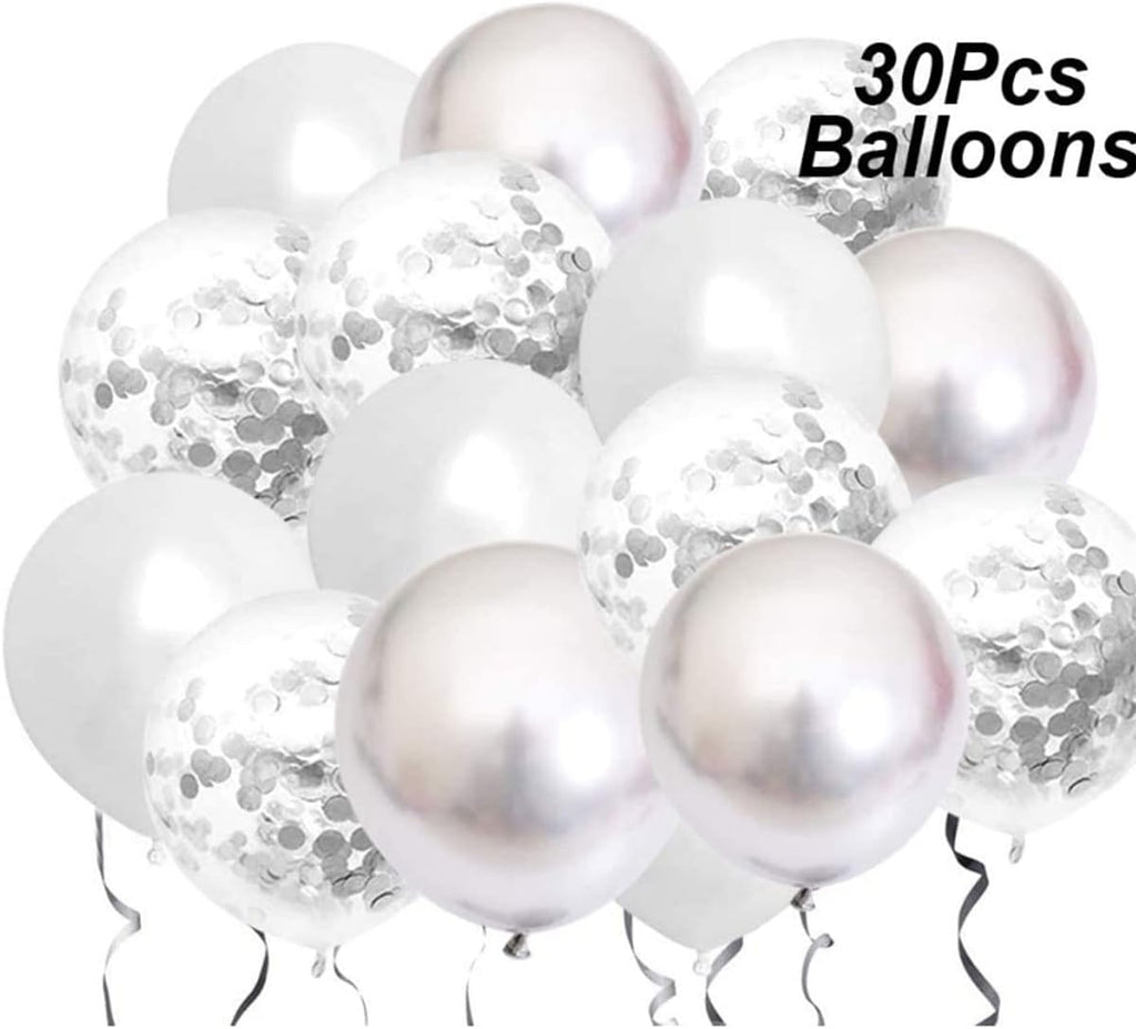 Silver Happy Birthday Balloon Banner with White and Silver Confetti Balloons – Ideal for birthday party decorations.