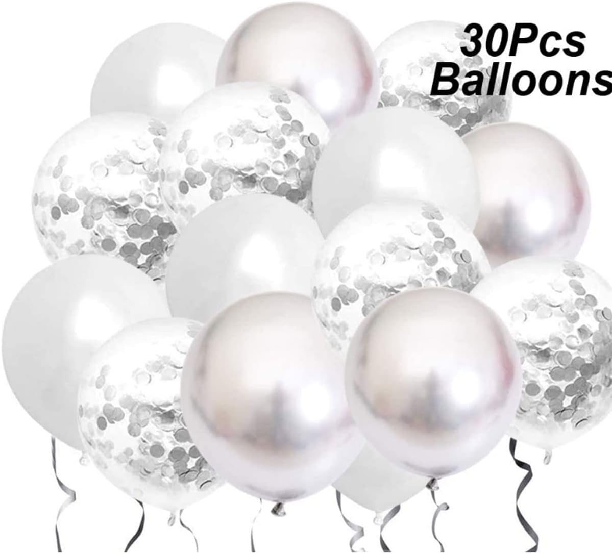 Silver Happy Birthday Balloon Banner with White and Silver Confetti Balloons – Ideal for birthday party decorations.