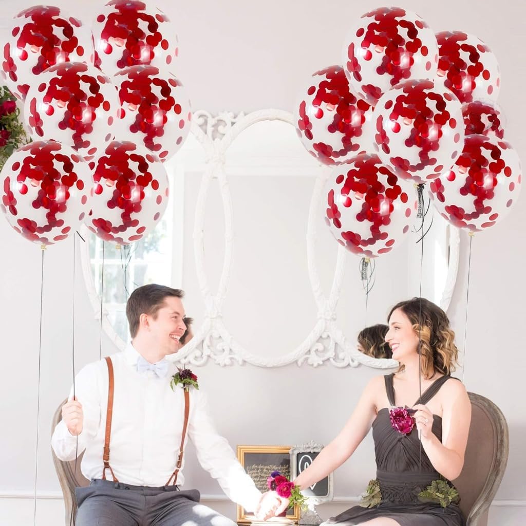Red Confetti Balloons Kit - Pack of 30 | Red Balloons for Valentines Day Decorations | Red Glitter Balloons for Red Theme Birthday Party, Anniversary Decorations, Weddings, Bridal and Baby Shower