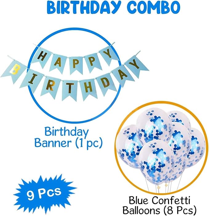 9Pcs Happy Birthday Decoration Set – Blue Happy Birthday Banner with Confetti Balloons and Ribbon - Birthday Party Decoration for Boys, Girls, Men & Women