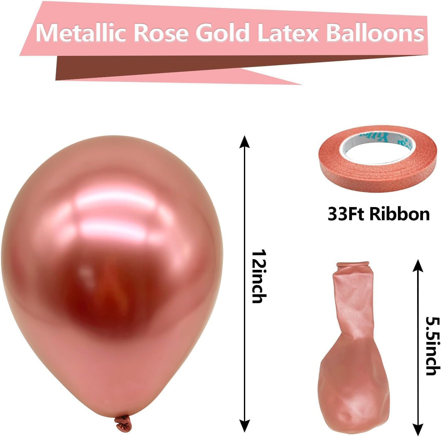 Rose Gold Metallic Chrome Balloons – 100 Pack, 12 Inch Rose Gold Latex Round Helium Balloons for Wedding, Anniversary, Baby Shower, Birthday Party Decorations