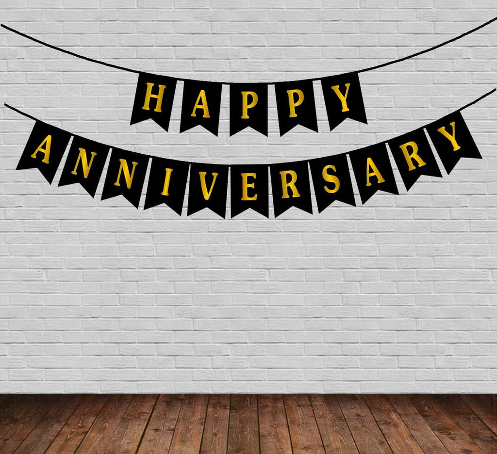 Black Happy Anniversary Card Banner with Shiny Golden Prints - Anniversary Banner for Party Decorations