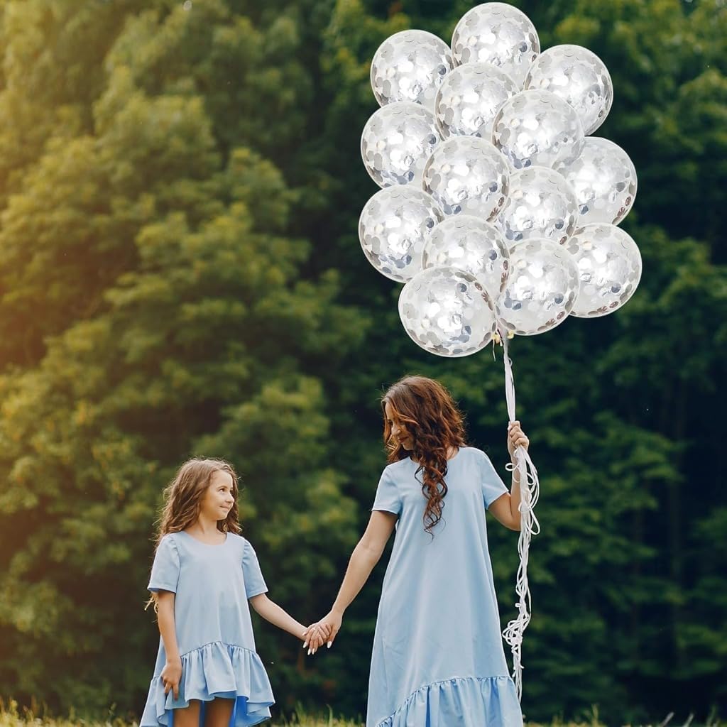 Silver Confetti Balloons Set – Pack of 30, 12 Inch | Silver Party Balloon Decorations | Confetti Silver Balloons for Birthday Party | Latex Balloons for Bridal Shower, Home, Office Decor
