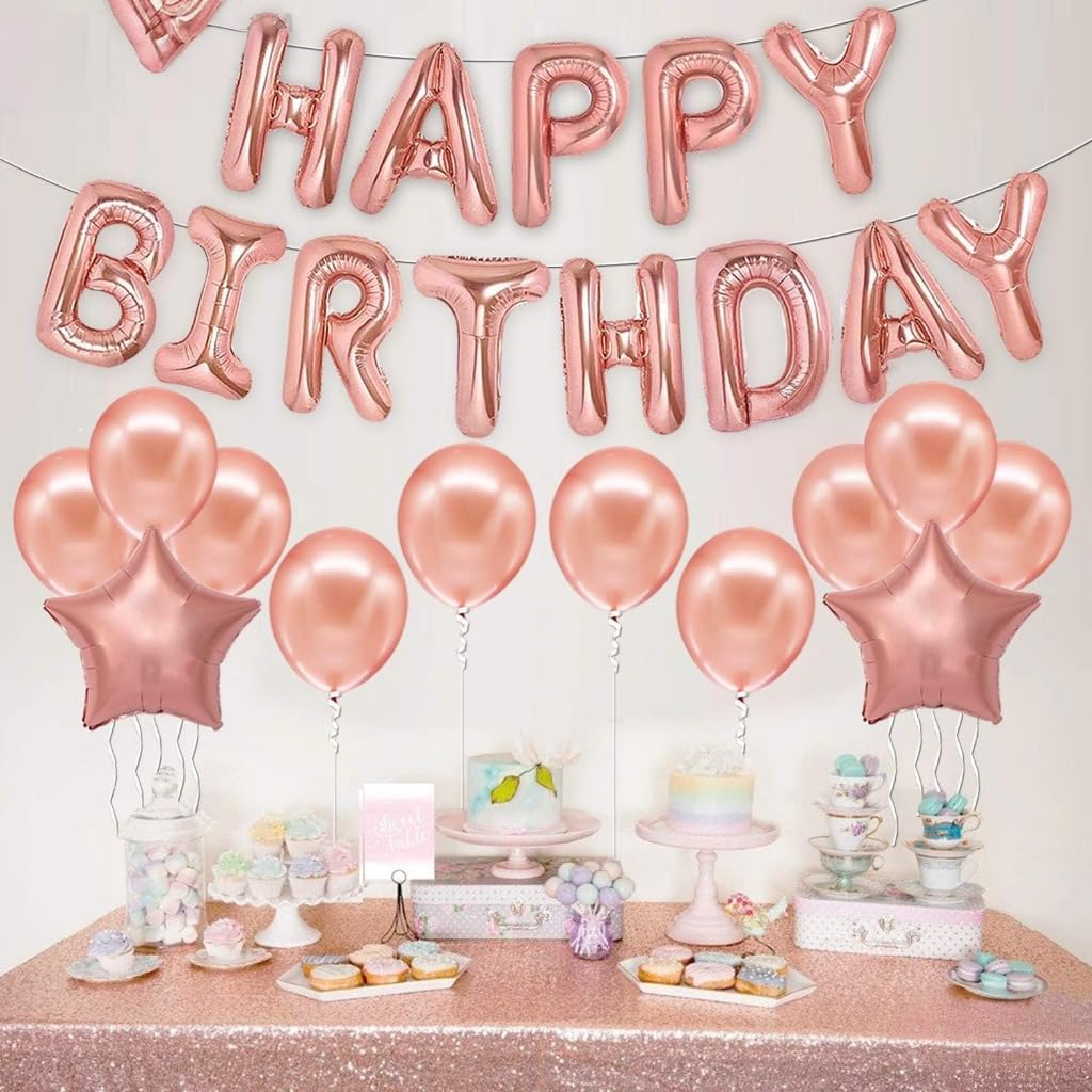 Happy Birthday Rose Gold Balloons – Large, Pack of 25 | Rose Gold Happy Birthday Letter Balloons | Star Mylar Foil and Latex Balloons | Rose Gold Decorations Party Supplies for Girl