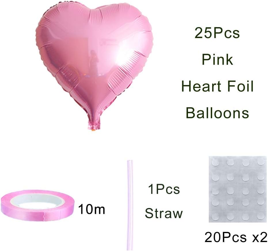 25pcs Heart Shape Foil Mylar Balloons Pink 18" for Birthday Party Decorations, Wedding Decor, Engagement Party, Holiday, Baby Show