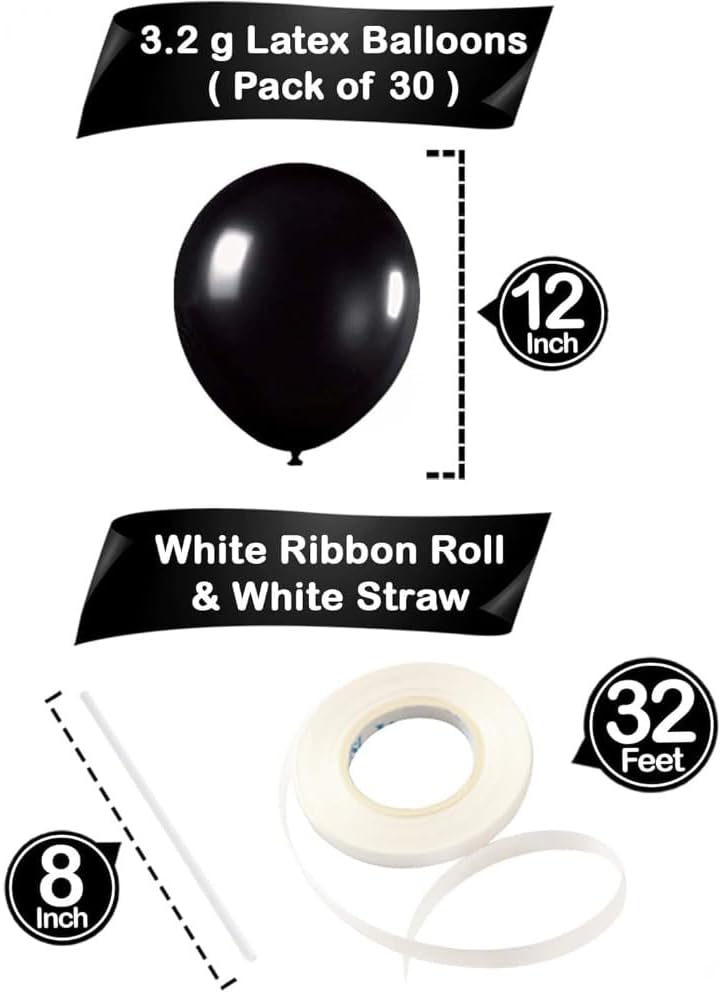 Black Latex Balloons Kit for Birthday Party - Pack of 30, 12 Inch | Black Metallic Balloons for Graduation Party Decorations | Shiny Black Balloons for Wedding Decorations, Bridal and Baby Sh