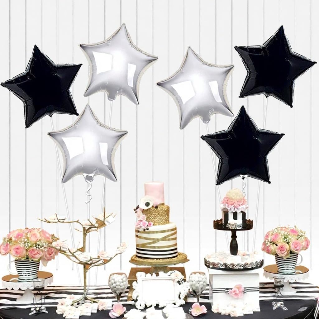 Black and Silver Star Shaped Balloons – 18 Inch, Pack of 6 | Perfect for New Year's Eve, Graduation Parties | Black and Silver Star Balloons for Class of 2024 Party Decoration