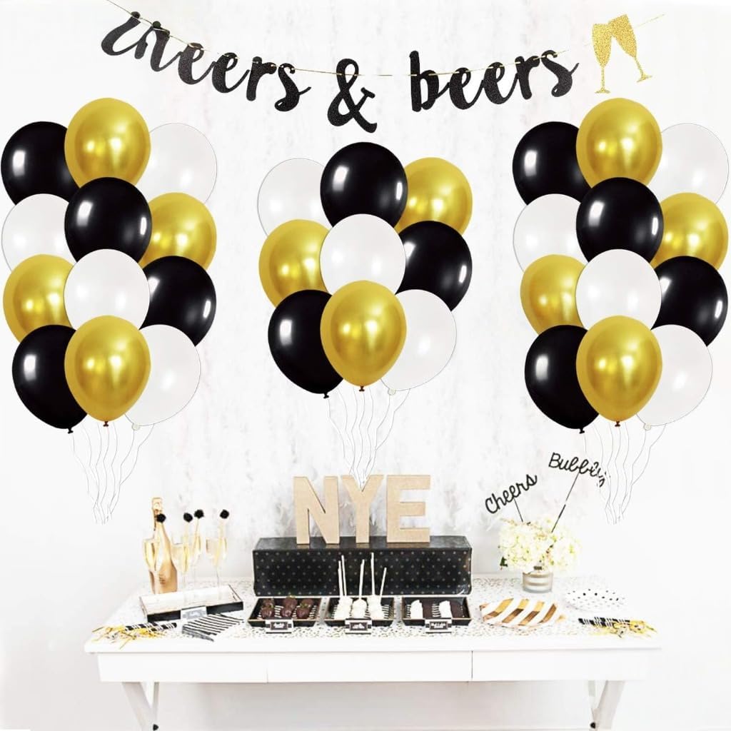Gold and Black Party Balloons – Pack of 50 | White Latex Balloons | Gold Party Decorations | Chrome Latex Balloons for Birthday, Bachelorette Decor, Bridal Shower, Home, Office Decor Supplies Kit