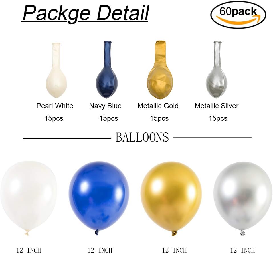 Party Balloons 12 inch 60 Pcs Latex Blue Balloons Gold Balloon Silver Balloon White Balloons Birthday Balloons Helium Balloons Baby Shower Party Decoration â€¦