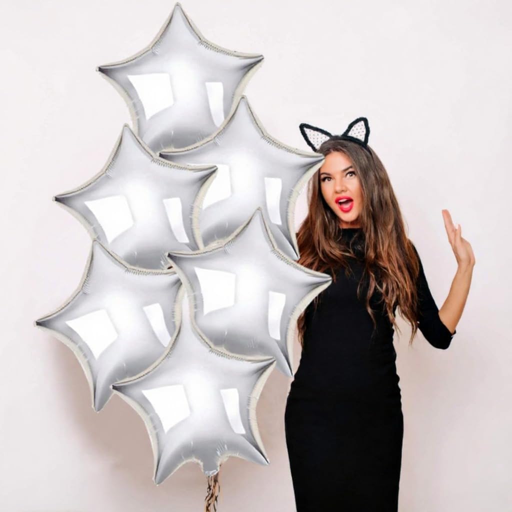 Silver Star Balloons for Party Decoration - Pack of 6, 18 Inch | Twinkle Little Star Silver Balloons for Birthday | Star Shaped Balloon for Baby Shower, Wedding, Magical Prom, Engagement, Anniversary