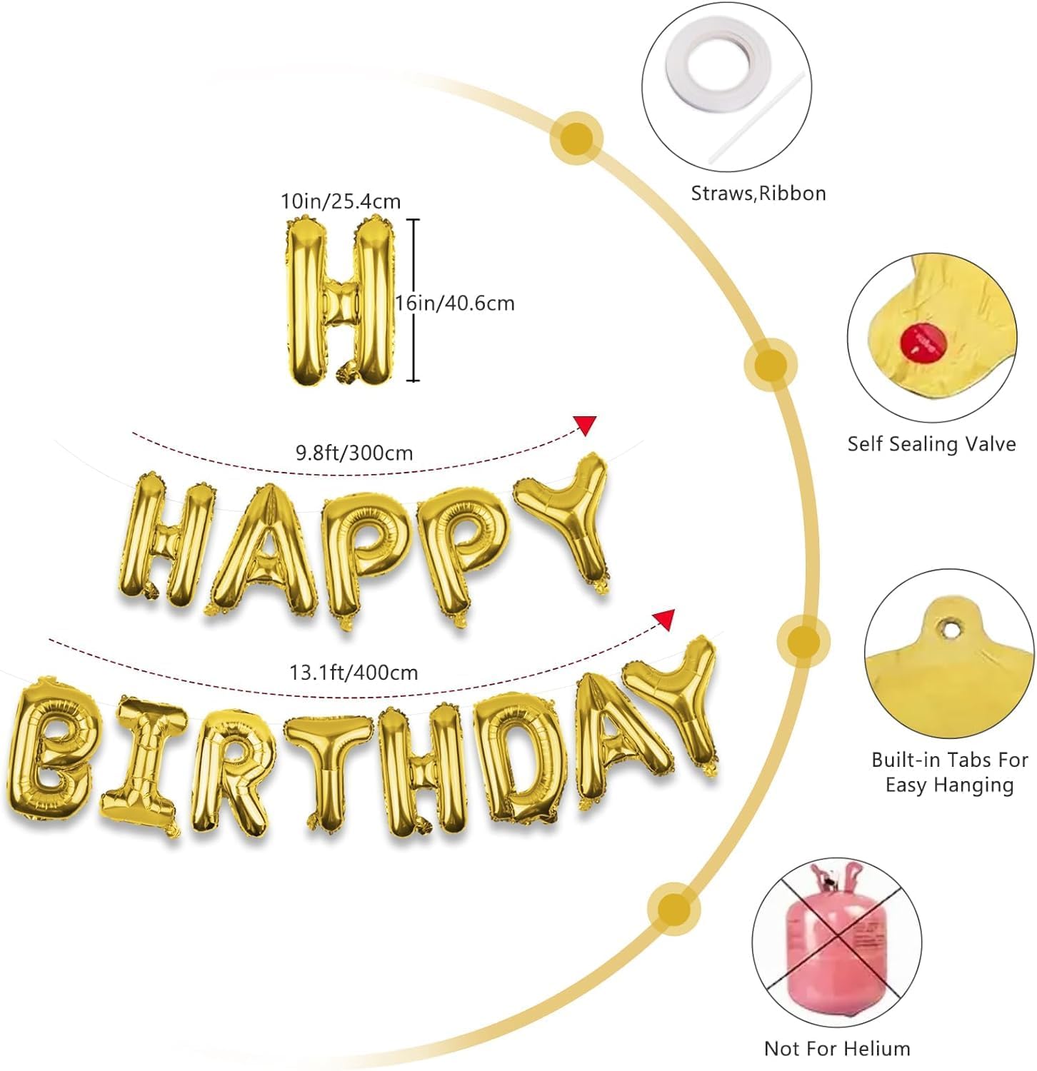 Large Gold Happy Birthday Balloons Letters – 16 Inch | Gold Foil Balloon Banner for Birthday Party Decorations | Gold Party Supplies for Girls & Women