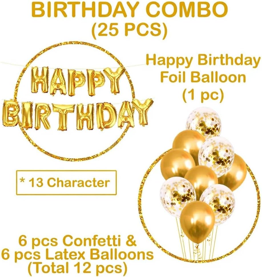25Pcs Golden Happy Birthday Foil Balloon, Confetti and Metallic Balloons Combo for Birthday Decoration Items for Kids