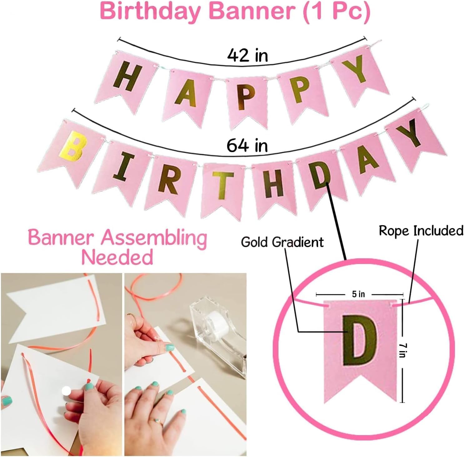 9 Pcs Happy Birthday Decoration Set – Pink "Happy Birthday" Banner with Confetti Balloons and Ribbon – Birthday Party Decoration for All Ages