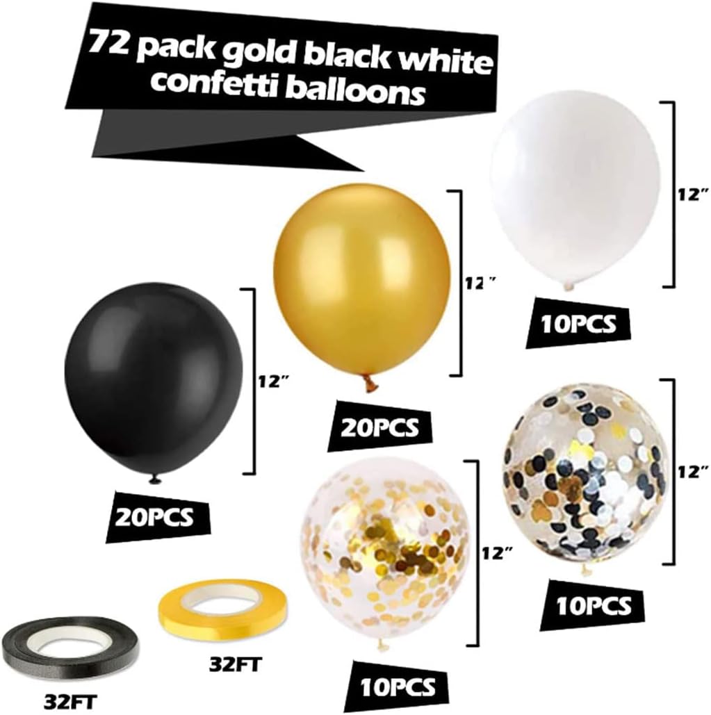 72 Pack Black Gold Confetti Balloons Kit, 12 Inch Black Gold White Balloons and Gold Confetti Balloons with Balloon Ribbons for Graduation Birthday Wedding Baby Shower Party Decorations