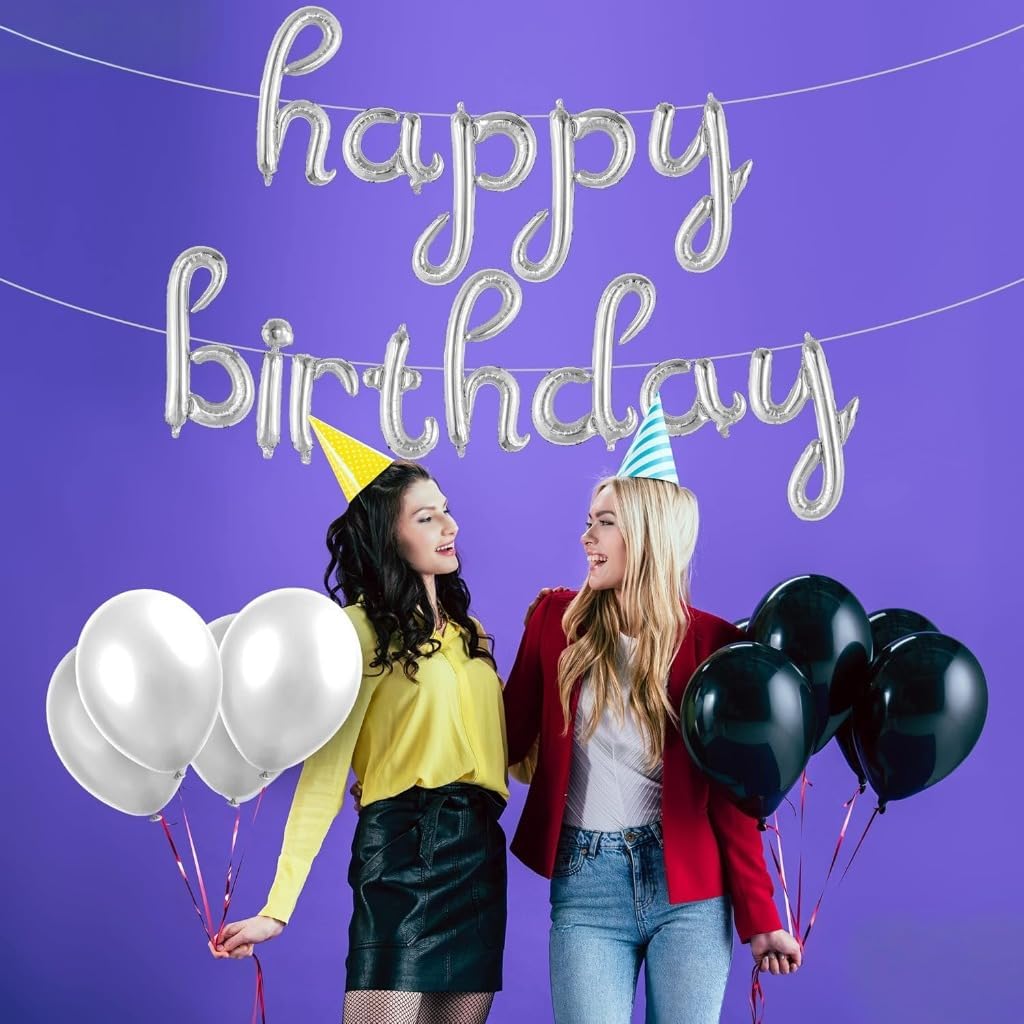 Silver Balloon Banner – 16 Inch | Happy Birthday Cursive Sign, Banner, Decorations, Balloons, Party Décor