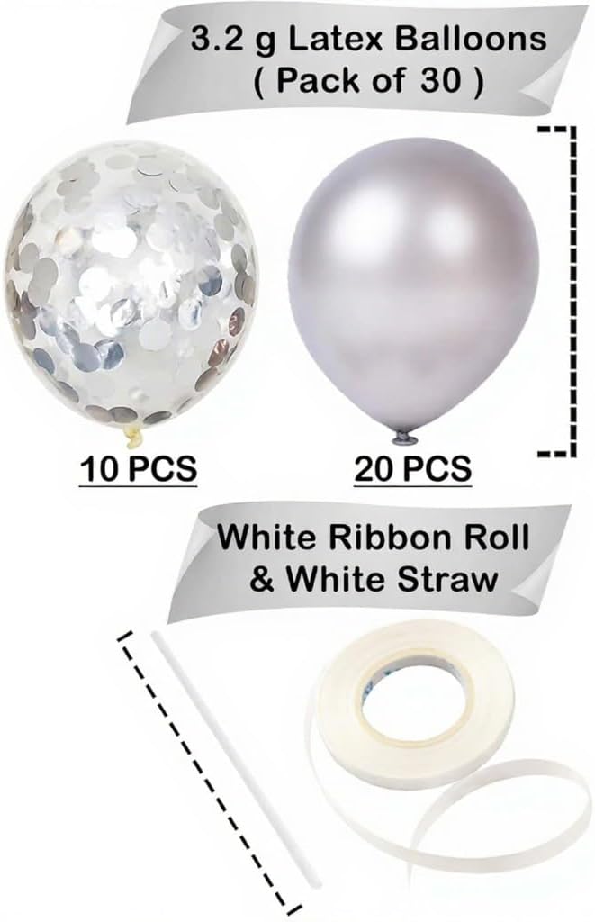 Silver and Silver Confetti Latex Balloons Kit - Pack of 30 | Latex Silver and Confetti Balloons for Birthday | Shiny Silver Confetti Balloons for Wedding Decorations, Anniversary, Bridal, Baby Shower