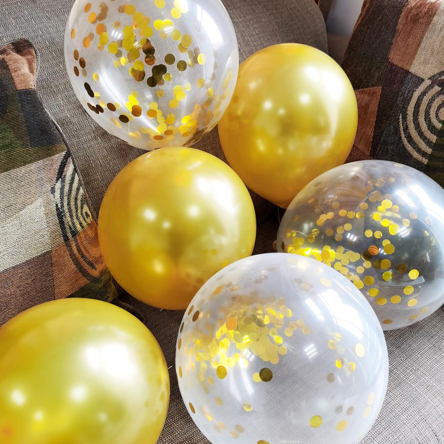 50 12-inch Latex Balloons, 25 Pearlized Pearlescent Gold+25 Transparent with Confetti Large Thick Big Round Shining Biodegradable Bulk Helium Gas Air Inflated Kids Birthday Wedding Party Decorations