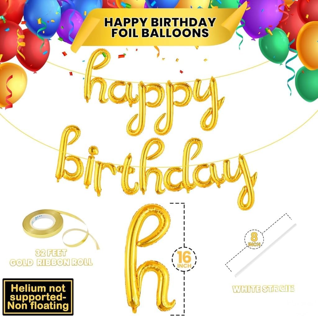 Gold Cursive Happy Birthday Banner – 16 Inch Balloon Banner, Decorations for Birthday Party
