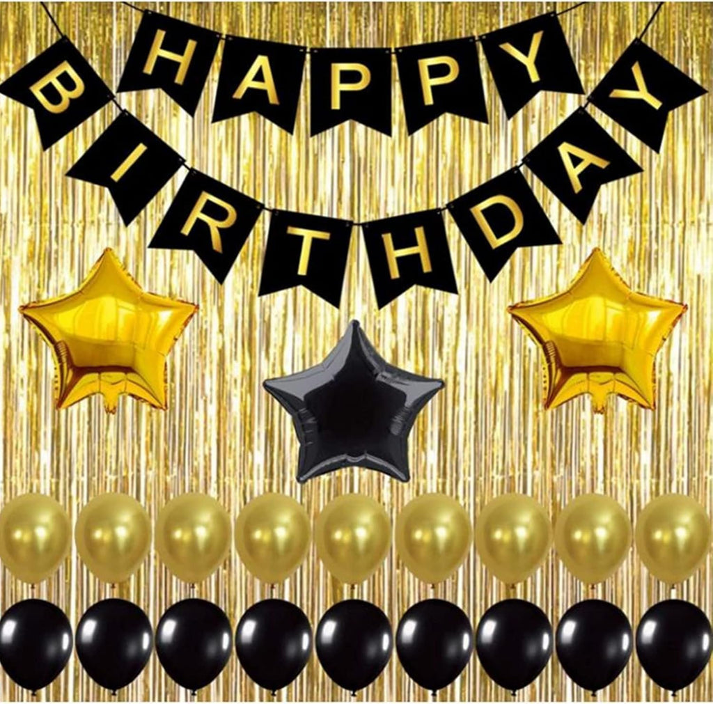 Black and Gold Balloons with Paper Pom Poms – Birthday Party Decoration Kit with Pale Champagne Foil Fringe Tinsel Curtain – Black Theme Backdrop Decoration Set