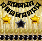 Black and Gold Balloons with Paper Pom Poms – Birthday Party Decoration Kit with Pale Champagne Foil Fringe Tinsel Curtain – Black Theme Backdrop Decoration Set