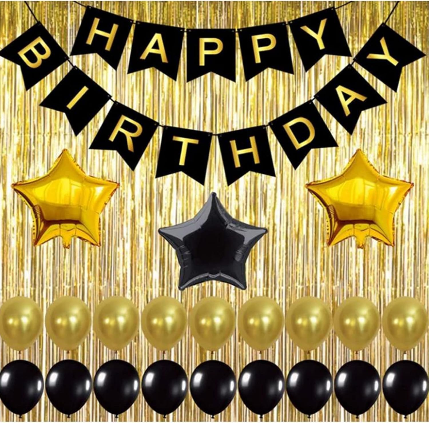 Black and Gold Balloons with Paper Pom Poms – Birthday Party Decoration Kit with Pale Champagne Foil Fringe Tinsel Curtain – Black Theme Backdrop Decoration Set