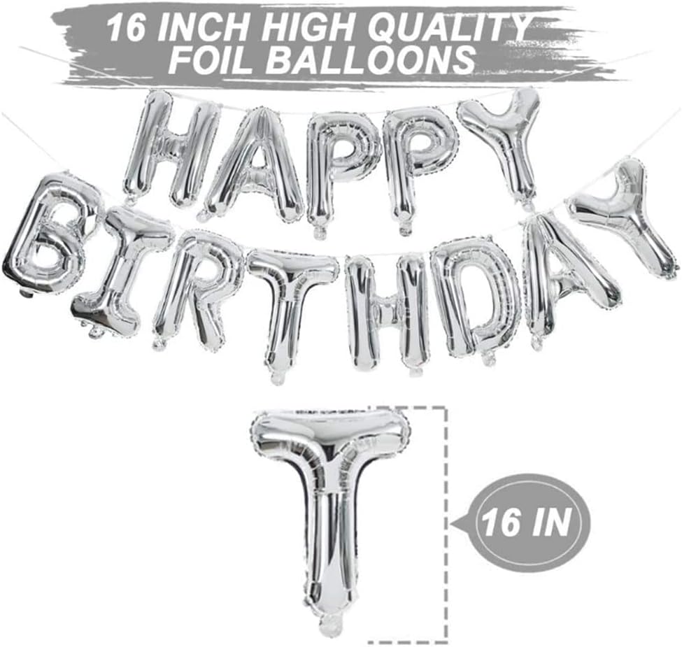 Silver Happy Birthday Balloon Banner with White and Silver Confetti Balloons – Ideal for birthday party decorations.