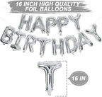 Silver Happy Birthday Balloon Banner with White and Silver Confetti Balloons – Ideal for birthday party decorations.