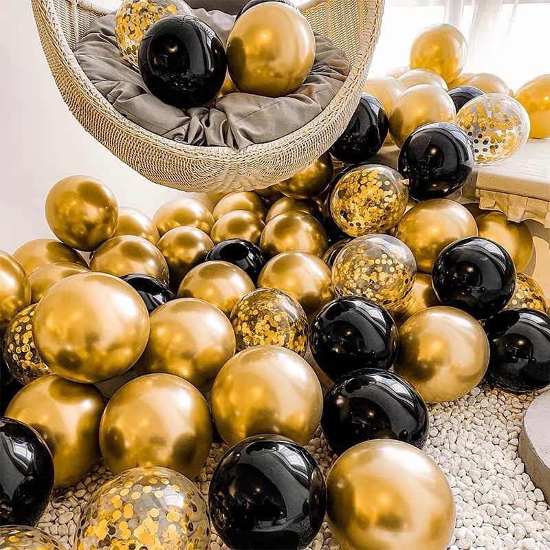 Black Gold Confetti Latex Balloons - 60 Pack 12 inch Helium Black Gold Confetti Balloons for Wedding Graduation Baby Shower Birthday Party Decorations
