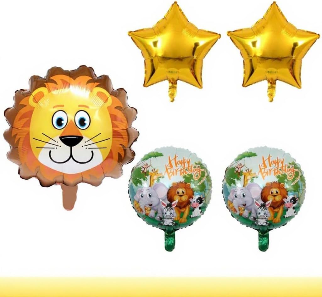 Lion Shape Foil Balloon Set – Gold and Jungle Theme Colors, Includes Star, Round, and Lion Face Balloons for Kids' Birthday Party, Multi Pack of 5