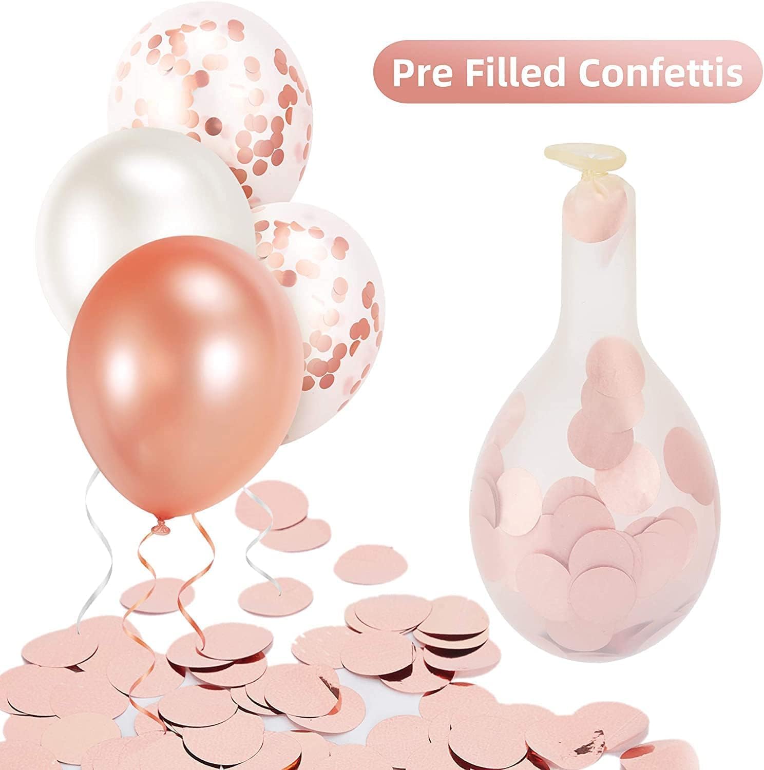 50 Pcs Rose Gold and White Confetti Balloons – 40 Pcs Set (15 Rose Gold, 15 White, 10 Confetti) – Perfect for Birthday, Baby Shower, Anniversary Parties – Unisex-Kids