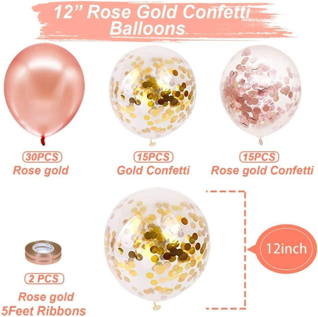 62 Pcs Rose Gold Balloons – 12 Inch Balloon Garland Kit | Includes Rose Gold Latex Balloons & Confetti Balloons | Ideal for Bridal Shower & Birthday Party Decorations