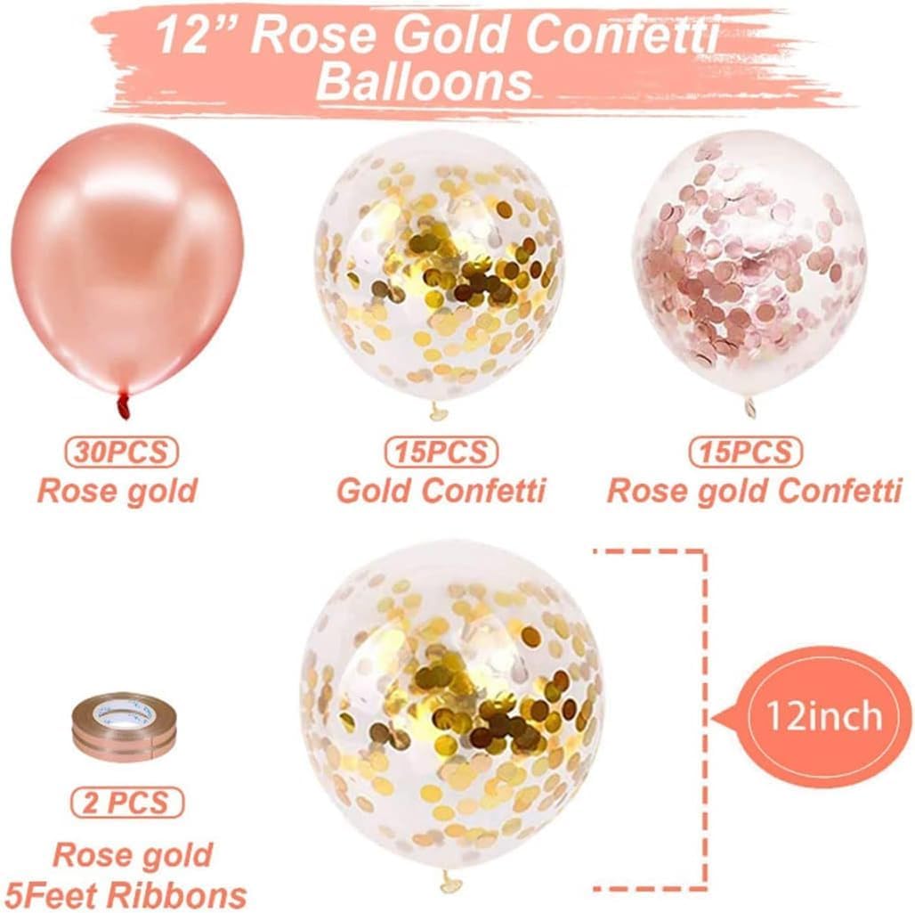 62 Pcs Rose Gold Balloons – 12 Inch Balloon Garland Kit | Includes Rose Gold Latex Balloons & Confetti Balloons | Ideal for Bridal Shower & Birthday Party Decorations