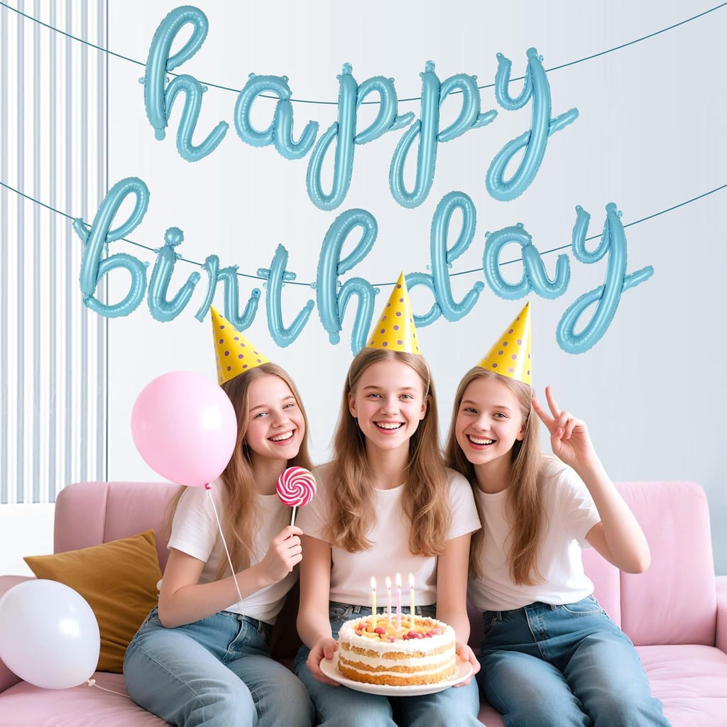 Cursive Happy Birthday Banner Balloons – Foil Letter Balloons Blue – Happy Birthday Sign – Birthday Party Decoration for Boys, Girls, Men & Women – Birthday Balloons