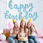 Cursive Happy Birthday Banner Balloons – Foil Letter Balloons Blue – Happy Birthday Sign – Birthday Party Decoration for Boys, Girls, Men & Women – Birthday Balloons