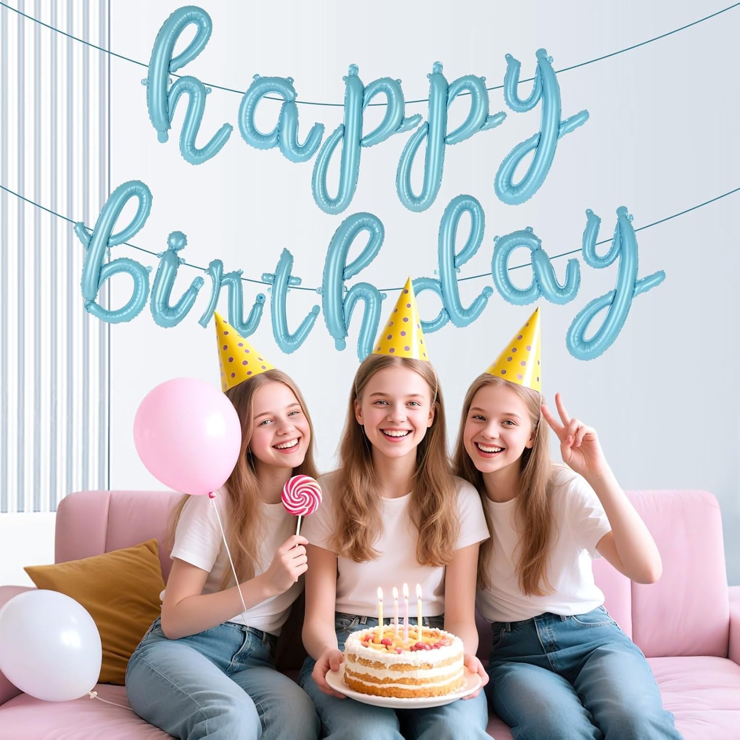 Cursive Happy Birthday Banner Balloons – Foil Letter Balloons Blue – Happy Birthday Sign – Birthday Party Decoration for Boys, Girls, Men & Women – Birthday Balloons